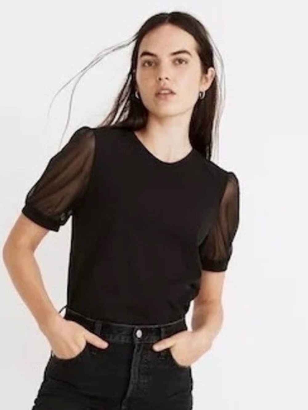 EUC Madewell Black Puff-Sleeve Sheer Tee